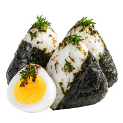 A delicious serving of onigiri with a boiled egg on a black background isolated on transparent background