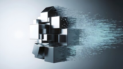 Metallic blocks dissolving into glowing data fragments in studio