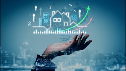 Conceptual image illustrating real estate market growth, featuring digital graphics of homes and ascending graphs overlaid on a hand against an urban backdrop. Gluon.