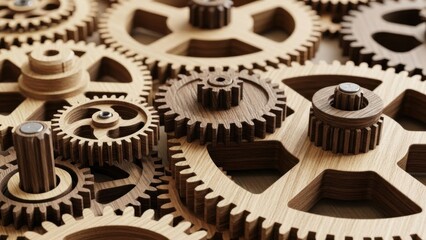Intricate wooden gears interlock, showcasing mechanical precision and craftsmanship.