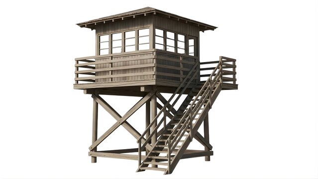 A wooden watchtower with a staircase and railing on transparent background