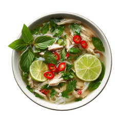 A steaming bowl of chicken noodle soup with fresh herbs and lime isolated on transparent background