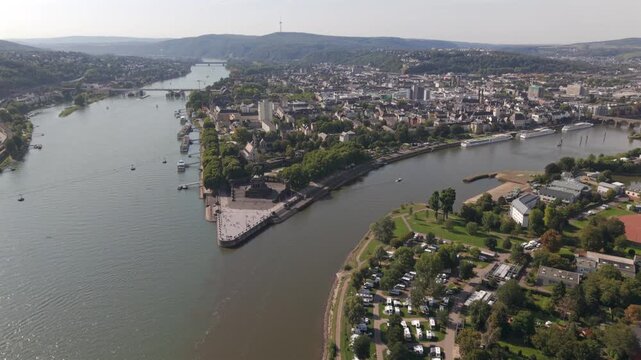 A flight across the Koblenz Germany Corner during summer time which is a key tourist hot spot for visitors globally