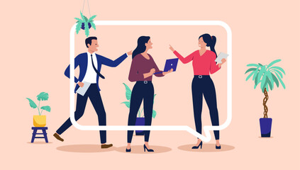 Group of business professionals talking and interacting inside a large speech bubble representing corporate communication and effective teamwork in a modern flat design vector illustration