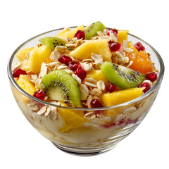 A delicious fruit salad with yogurt and granola in a glass bowl isolated on transparent background