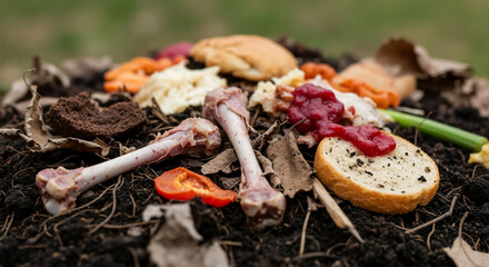Food waste pile with bones, bread, vegetables, and leaves outdoors  