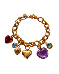 Gold bracelet with colorful heart charms.  A gold chain bracelet features four heart-shaped charms.  Each charm has a different colored gemstone center red, light purple, and a light green-blue.  