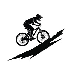 A cyclist rides down a steep slope on a mountain bike, illustrating a thrilling cycling scene, from a dynamic side viewpoint