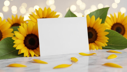 White blank card with torn edge surrounded by vibrant sunflowers and falling petals. A banner mockup template for greetings for Valentine's Day, March 8th, and Mother's Day with space for text.