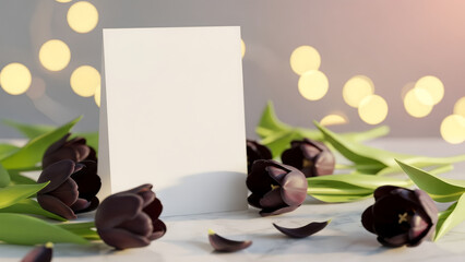 Blank white greeting card mockup with black tulips. A banner mockup template for greetings for Valentine's Day, March 8th, and Mother's Day with space for text.