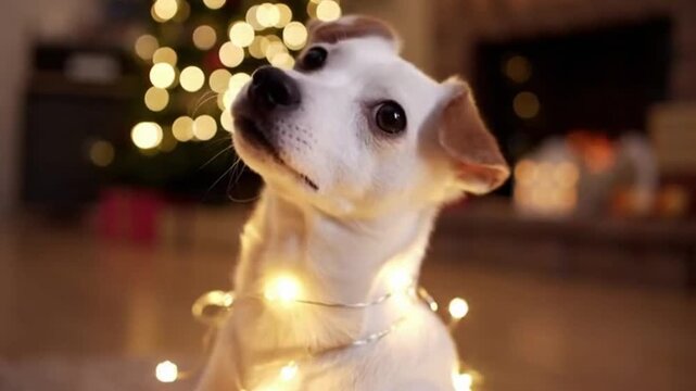 Dog illuminated with lights looking up indoors at night