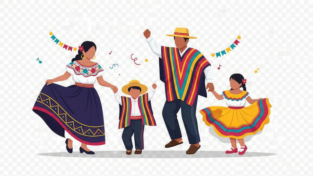 Family in traditional mexican clothing dancing together happily