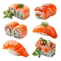 A variety of sushi and sashimi on a black background isolated on transparent background