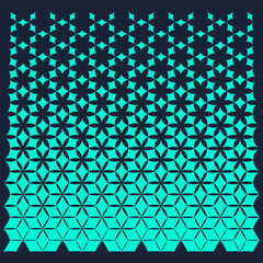 Seamless geometric transition pattern from floral stars to 3D cubes in dark blue and teal.