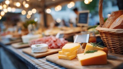 Food stall with dairy and meat products at outdoor farmers market artisan goods cheese display specialty foods local vendors marketplace commerce defocused