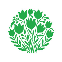 Green Floral Circle Illustration with Spring Flowers and Leaves, Botanical Nature Design