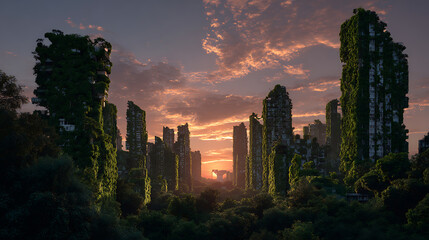 Ruined Skyscraper Shells Overgrown with Greenery Against Golden Sunrise Sky