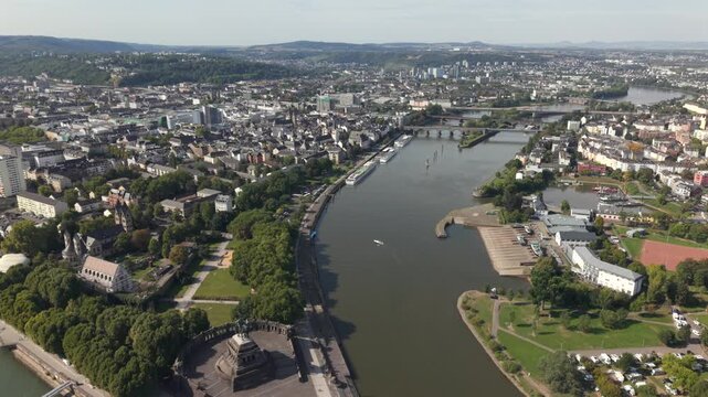 A flight across the Koblenz Germany Corner during summer time which is a key tourist hot spot for visitors globally