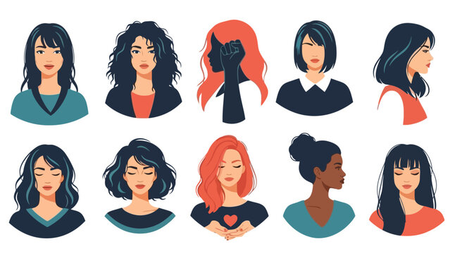 Diverse group of women with different hairstyles and outfits in a flat illustration style eps f10 design