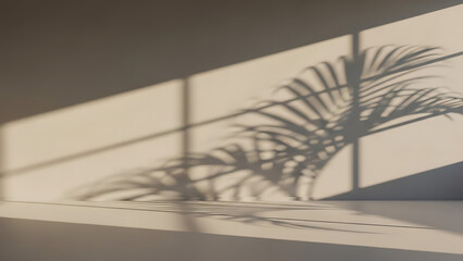 Palm tree shadows cast on a white wall through a window with a serene indoor ambiance from a high viewpoint