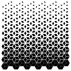 Seamless monochrome geometric pattern transitioning from small diamonds to 3D cubes on white.
