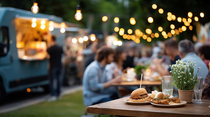 Evening street festival featuring food trucks outdoor dining community event festive atmosphere mobile cuisine social gathering entertainment venue nighttime