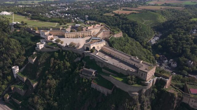 A flight across the Koblenz Germany Corner during summer time which is a key tourist hot spot for visitors globally