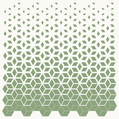 Seamless geometric transition pattern from small diamonds to 3D cubes in a sage green gradient.
