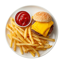 A delicious cheeseburger with fries and ketchup on a plate isolated on transparent background