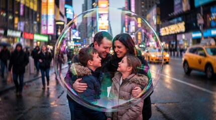 Obraz premium Family Huddling Inside Protective Soap Bubble on Busy Street