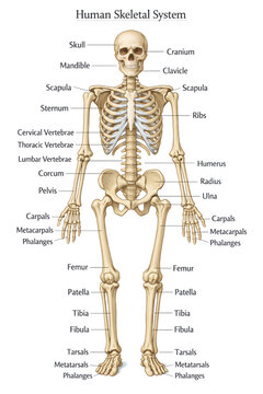 Illustrated Human Skeletal System Anatomy Diagram with Labeled Bones for Education