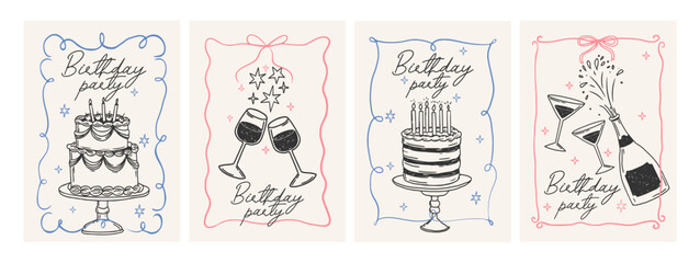 Birthday party card. Hand drawn girly birthday poster. Quirky frame with celebration decor, cake, cocktail. Coquette style for invitation. Vector set