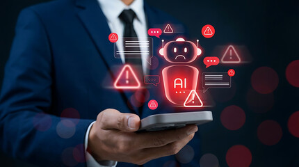Artificial intelligence failure concept showing businessman phone with red robot icon and warning signs indicating system glitch or cyber risk