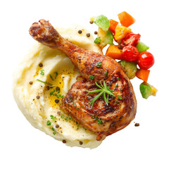A delicious plate of roasted chicken with mashed potatoes and vegetables isolated on transparent background