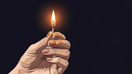 Close up of a hand holding a lit matchstick against a dark background.