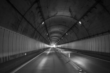 光へ続く無人のトンネル、消失点のある静寂の道路
