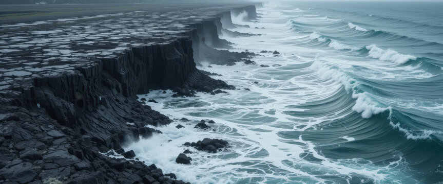 Dynamic ocean waves crash against rocky cliffs coastal landscape serene atmosphere aerial view nature's power - Powered by Adobe