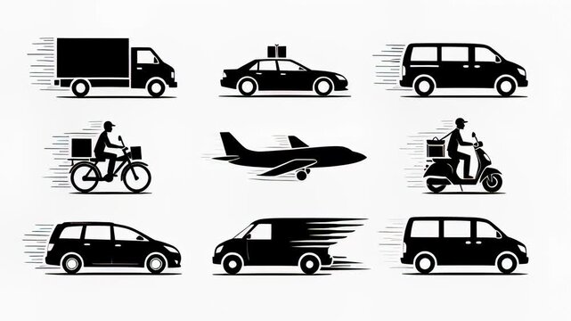 Set of animated black delivery icons featuring trucks, vans, and couriers speeding on a white background, illustrating efficient transportation and shipping logistics concepts.