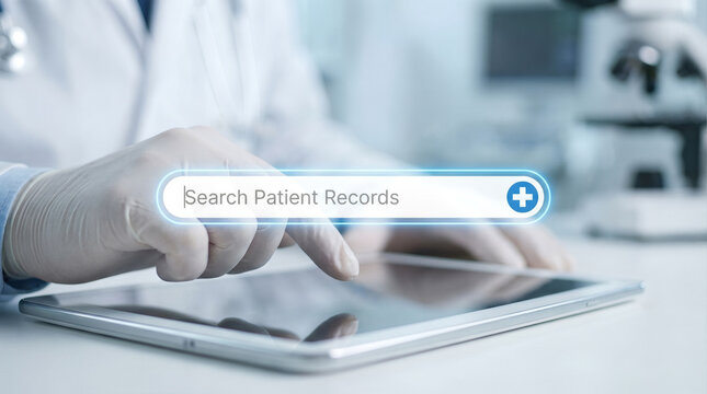 Professional doctor in protective gloves accessing Electronic Health Records (EHR) via a digital tablet in a modern clinic or lab setting, emphasizing secure medical data management and innovation. - Powered by Adobe