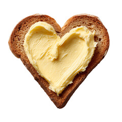A slice of heart-shaped toast with butter on a black background isolated on transparent background