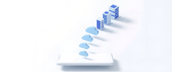 Minimalist 3D isometric representation of fast and efficient cloud data synchronization flow from multiple servers to a clean, modern white smartphone on a bright background.
