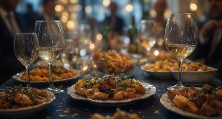 elegant dinner party with wine and seafood appetizers on a dark table with bokeh lights in the background.