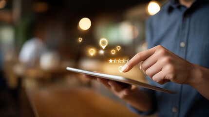 Faceless hand using digital tablet with virtual local search icons business rating customer review display online marketing interface SEO visibility digital