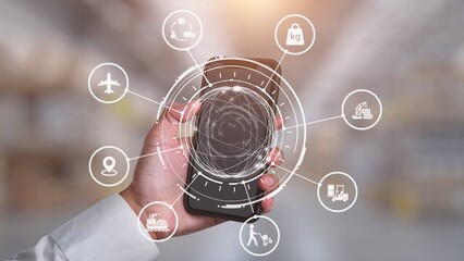 Logistics icons illustrate delivery, supply chain, warehouse, and shipping. Logistics connects global trade, logistics optimizes transport, and logistics supports inventory tracking. Gist