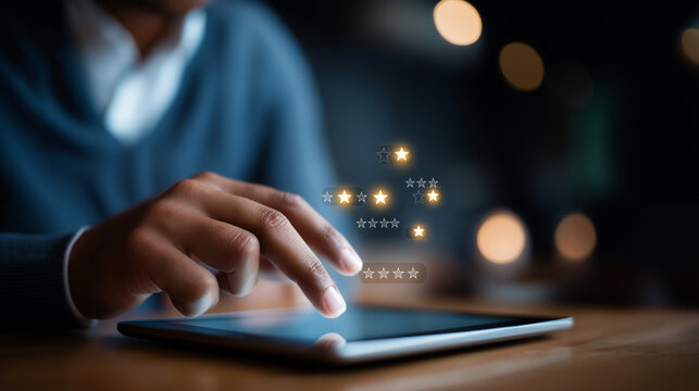 Faceless hand using digital tablet with virtual local search icons business rating customer review display online marketing interface SEO visibility digital - Powered by Adobe