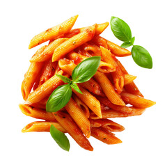 A delicious plate of penne pasta with tomato sauce and basil leaves isolated on transparent background
