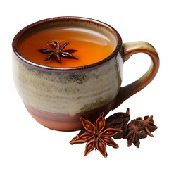 A ceramic mug of warm tea with star anise on a black background isolated on transparent background