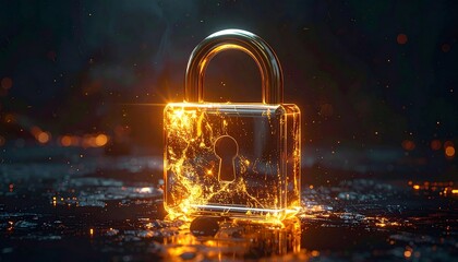 Glowing golden padlock illustration with digital sparks against a dark background