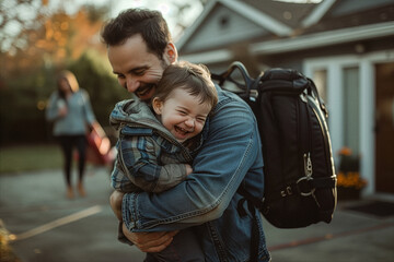 Father hugging child outside on a street