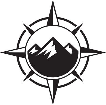 Compass rose and mountain silhouette vector badge graphic design hiking travel emblem